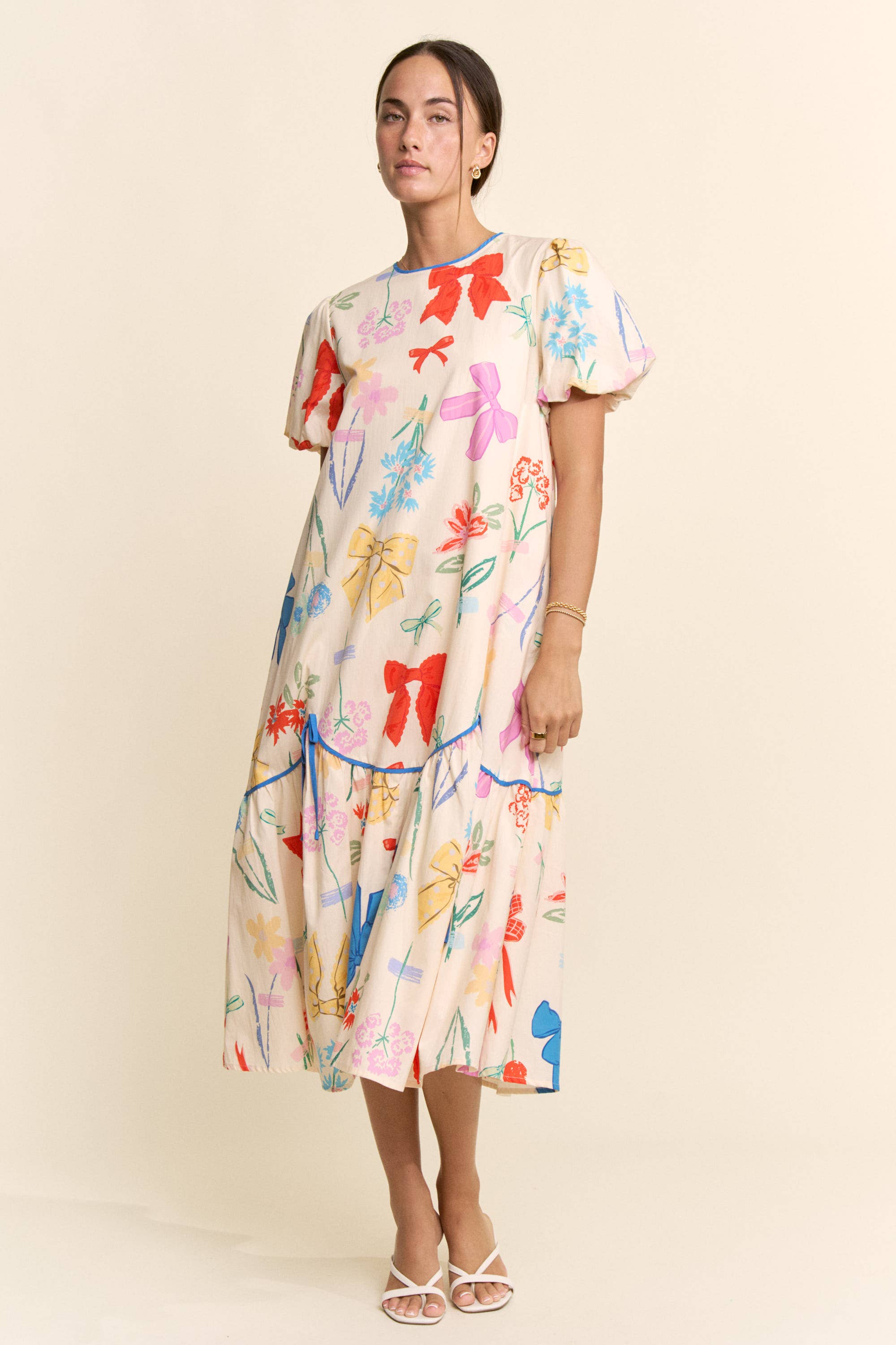 DD60119-BOW FLOWER PRINTED BINDING DETAIL MIDI DRESS