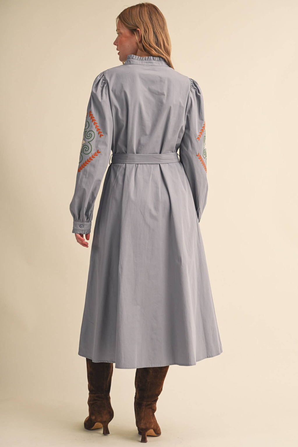 FLORAL EMBROIDERY BUTTON DOWN BELTED MIDI DRESS MDR5320