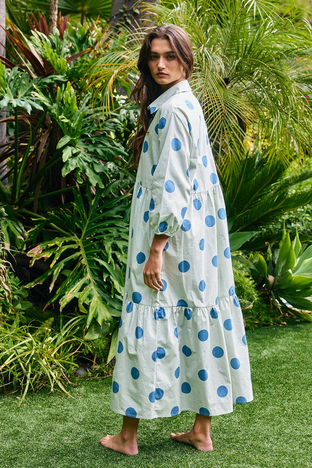 ID4253B | Polka Dot Print Tiered Midi Shirt Dress