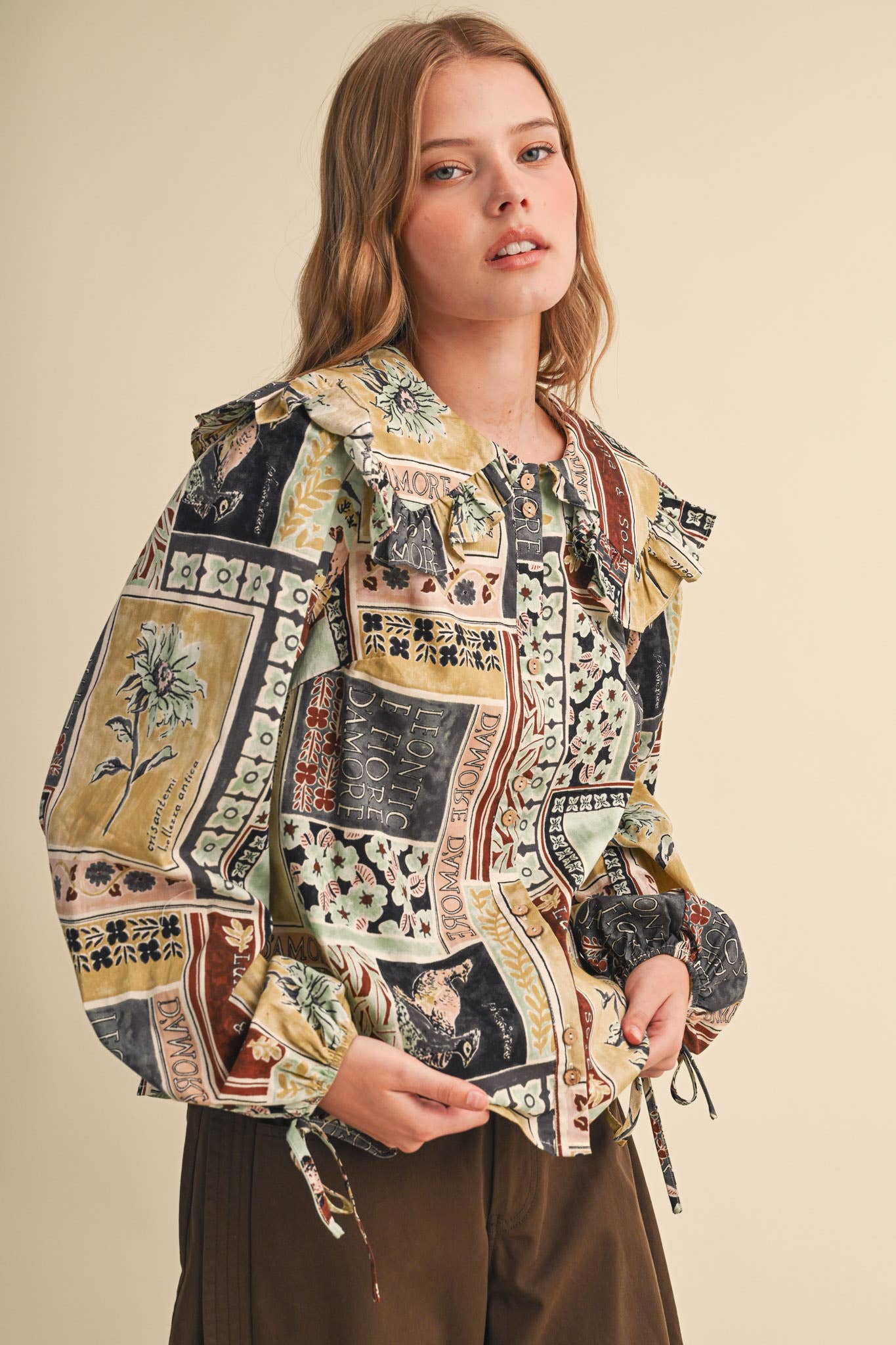 PATCHWORK PRINT DOLL COLLAR BUTTON UP TOP MTP5357
