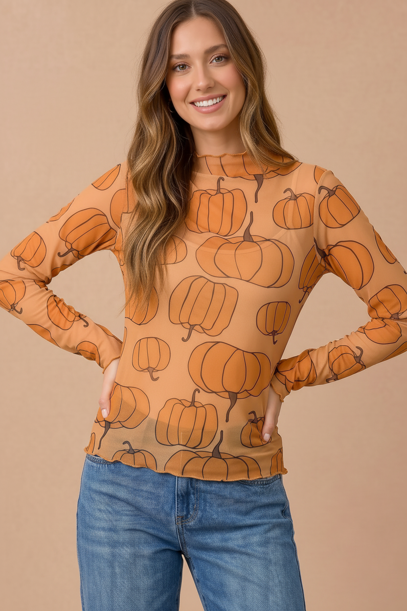 Pumpkin Mesh Sheer Top