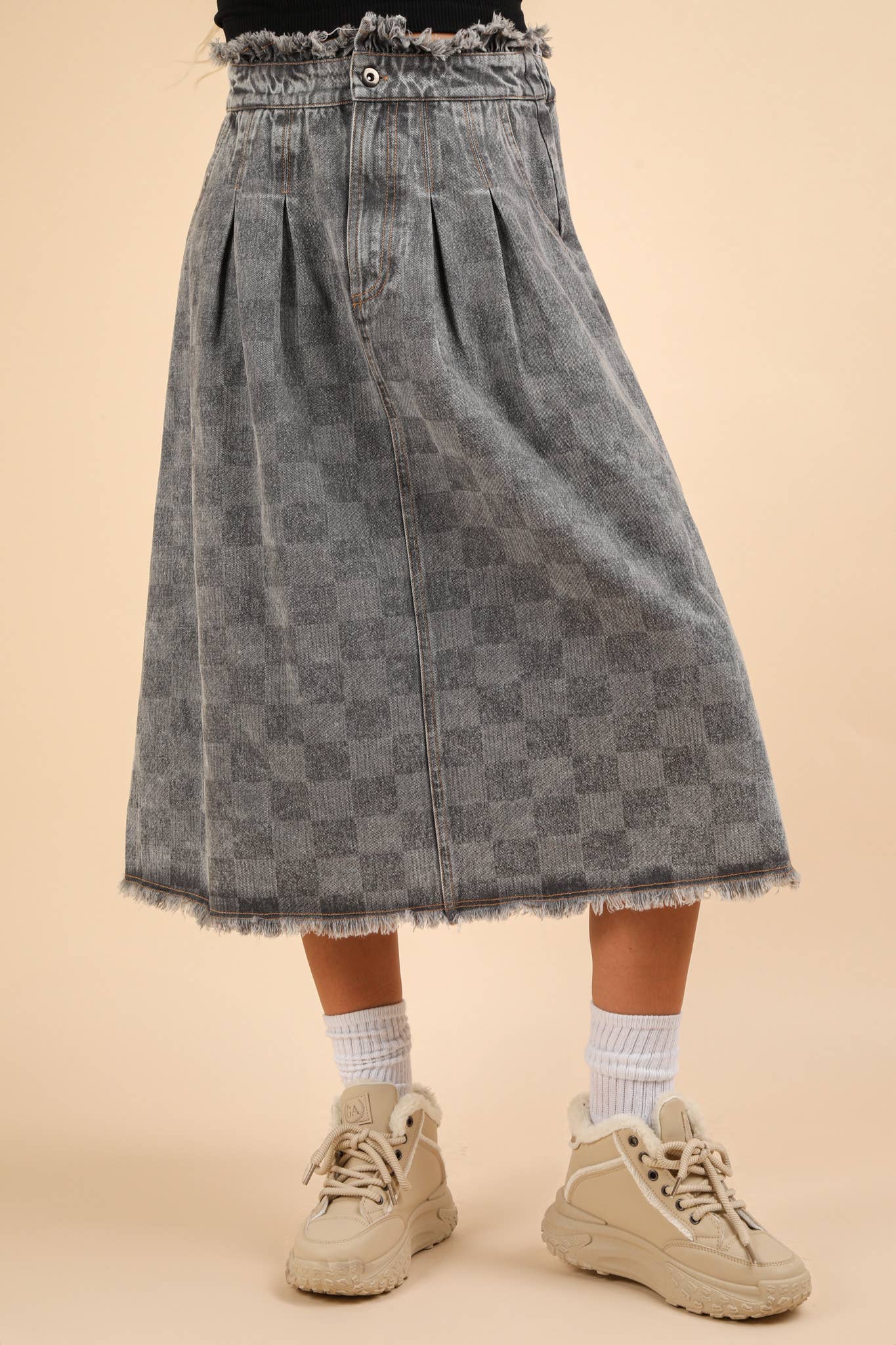 The Opal Check Midi Denim Skirt