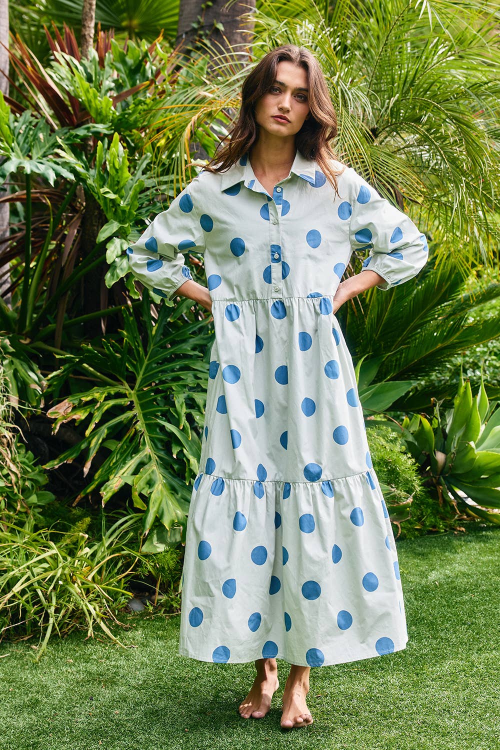 ID4253B | Polka Dot Print Tiered Midi Shirt Dress